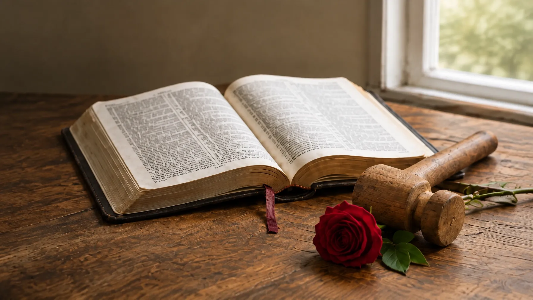 An open Bible, wooden mallet and red rose in warm daylight
